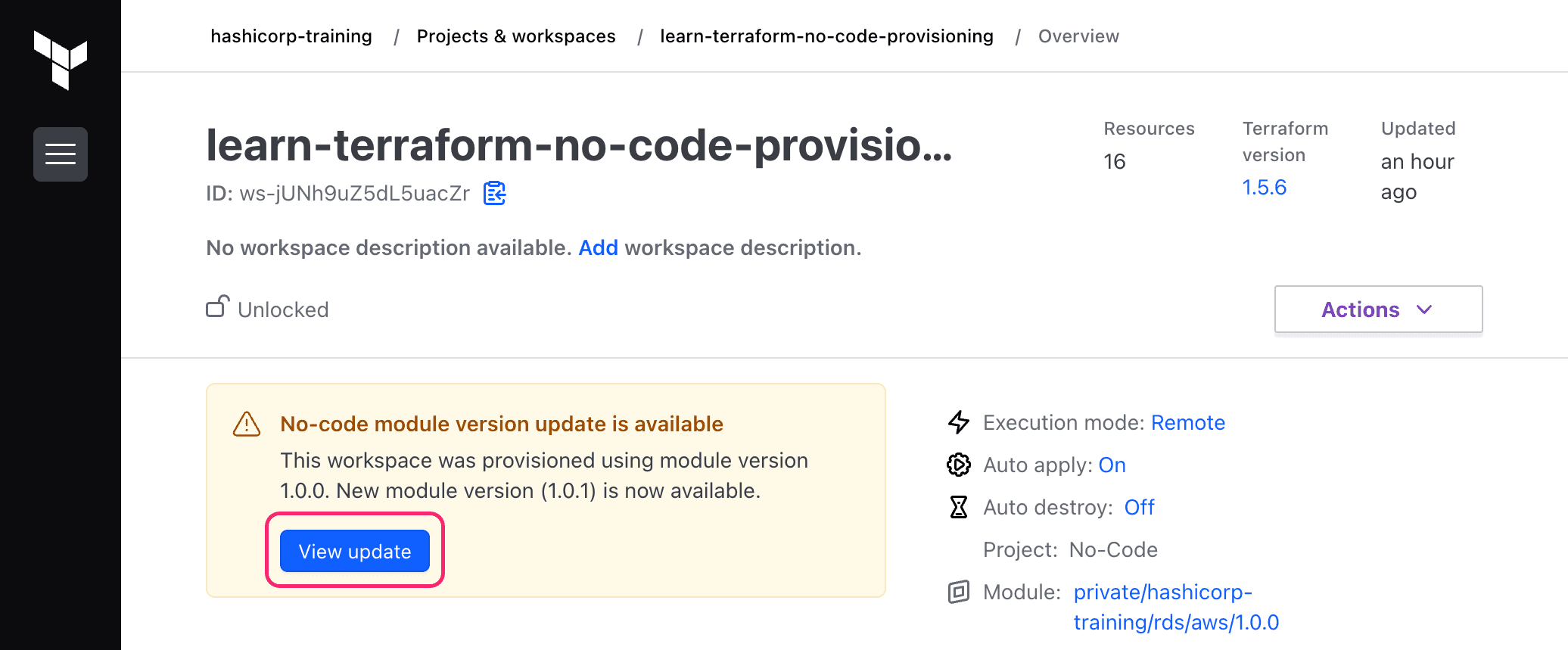 Workspace overview with a notification alerting the user that an updated version of the no-code module used to deploy the workspace is available