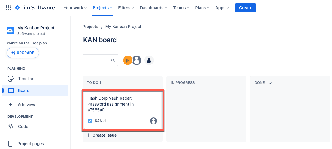 Jira Kanban board showing a new task triggered by the attempt to commit a
password to the GitHub repository monitored by HCP Vault
Radar